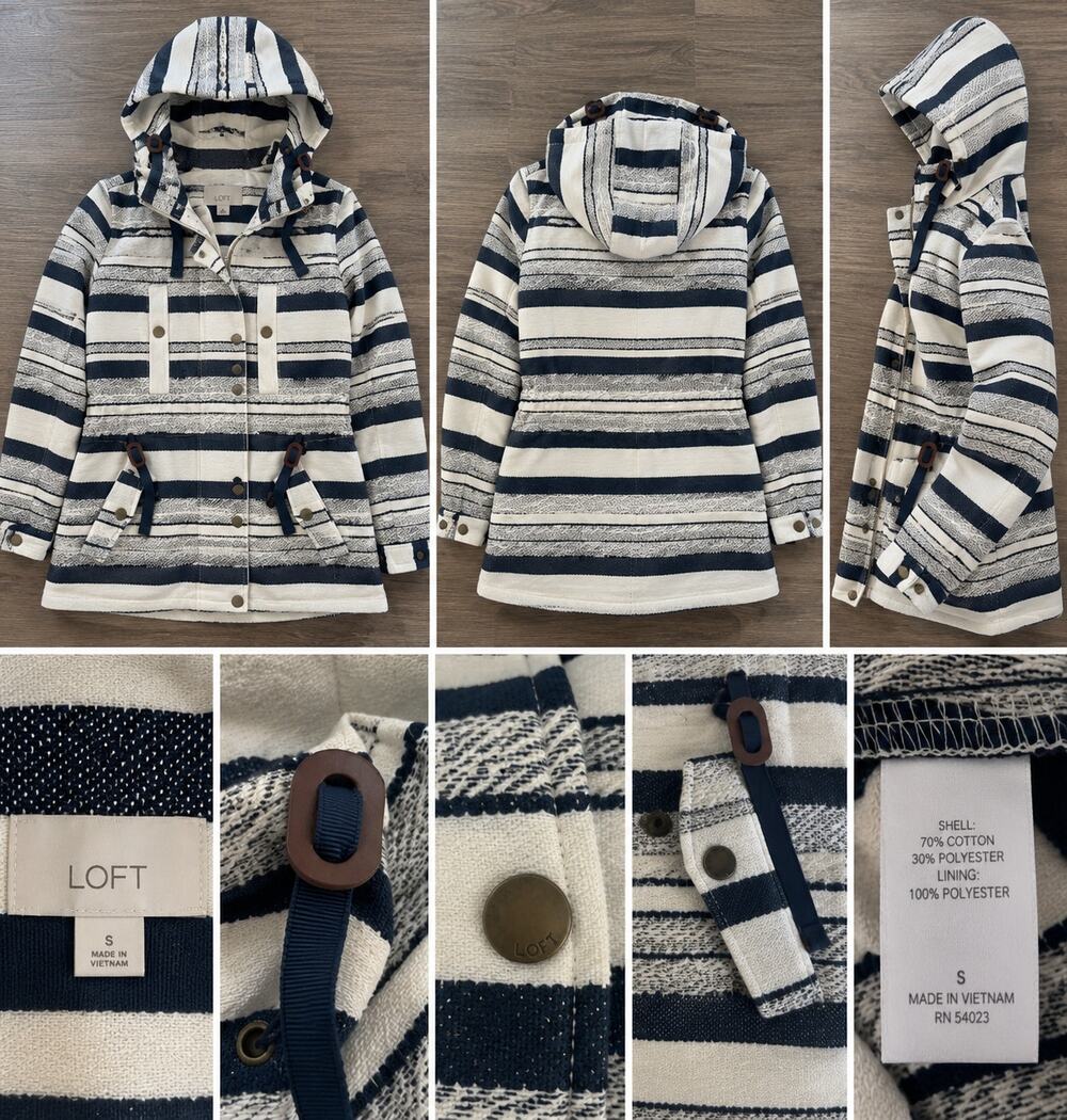 LOFT Women’s Navy Cream Striped Hooded Utility Jacket Drawstring Waist Sz M